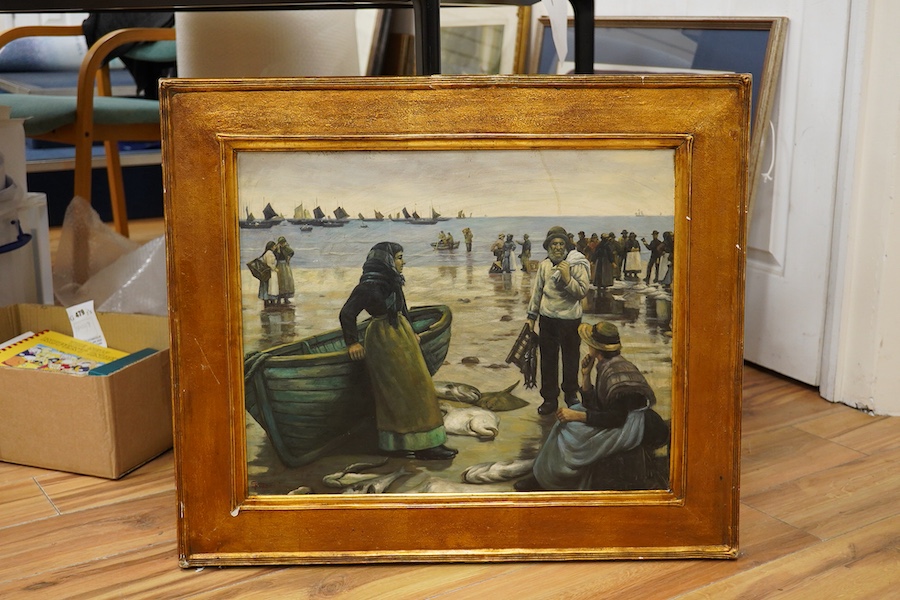 A decorative oil on board, ‘Busy Cornish Beach, St Ives, 42 x 53cm. Condition - good, some scuffing